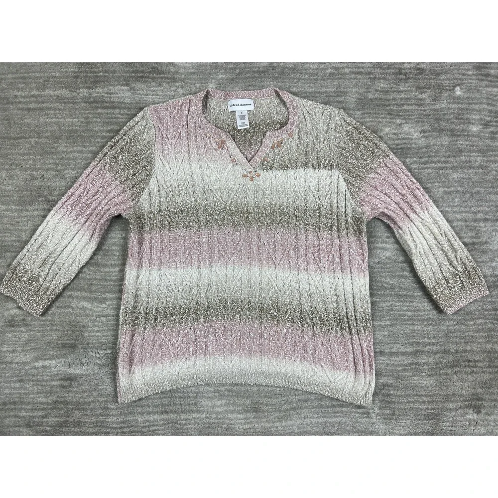 Alfred Dunner Sweater Women M Pink Ombre Cable Knit Beaded Split Neck 3/4 Sleeve